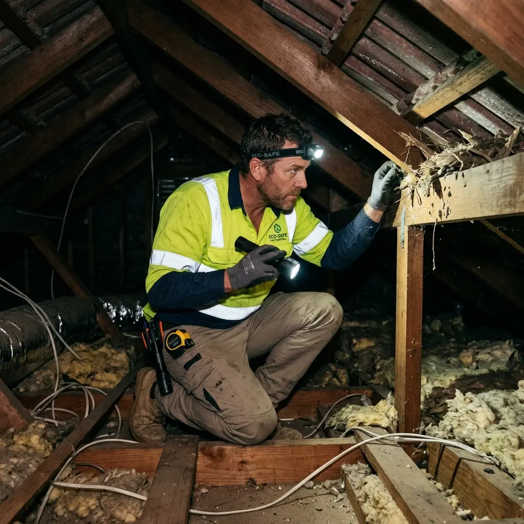 Technician inspecting a roof cavity for a dead animal in Upwey