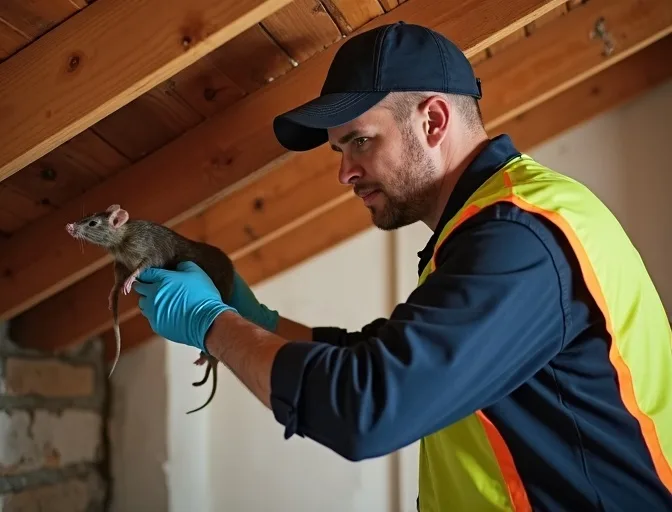 Technician inspecting a roof cavity for a dead rat in Upwey